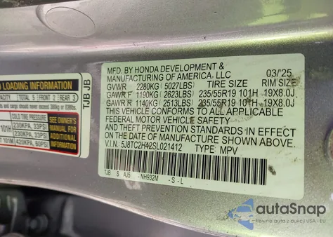 2025 Acura Rdx Standard from USA, damaged, VIN 5J8TC2H42SL021412